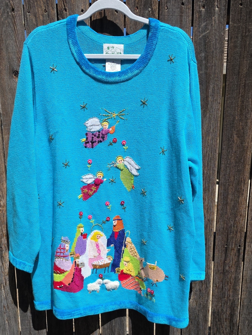 The Quacker Factory Bright Blue Turquoise Angels Stars Nativity Embroidery Jesus